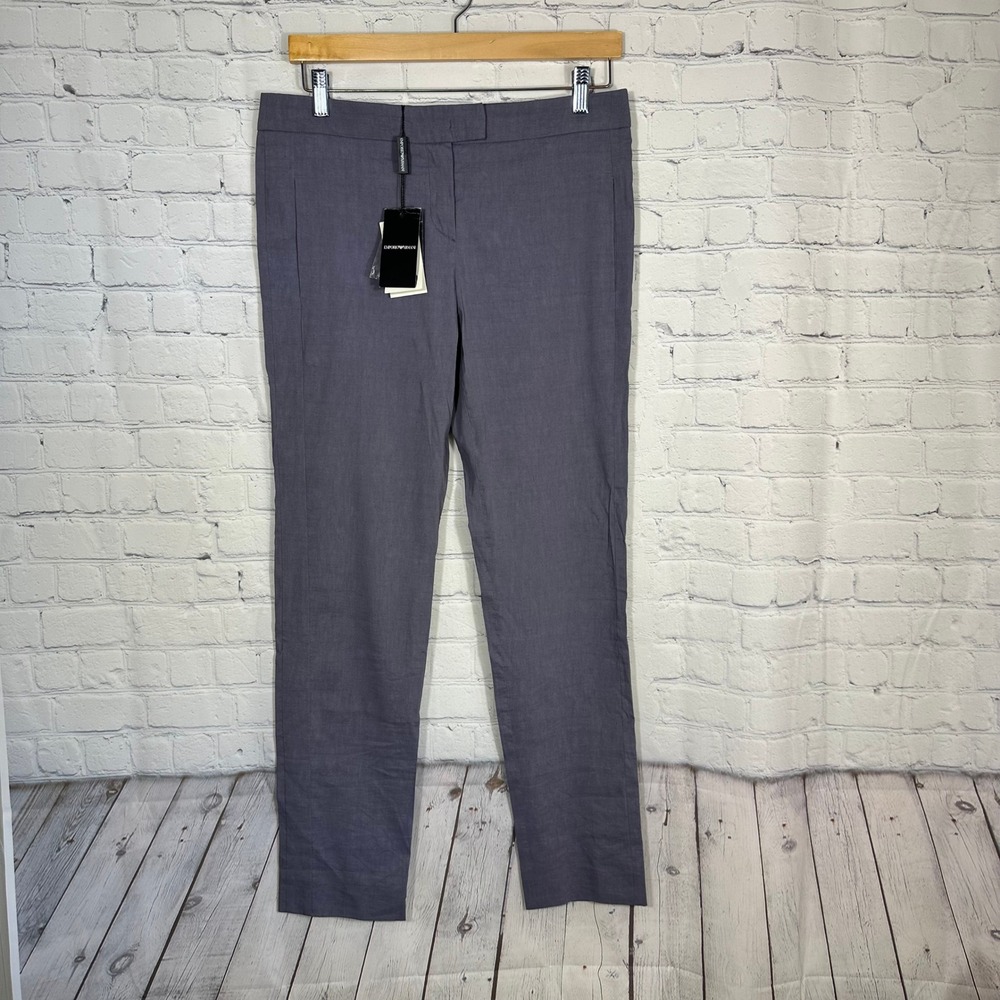 Emporio Armani Linen Womens Grey Purple‎ Slim Leg Flat Front Trousers Pants